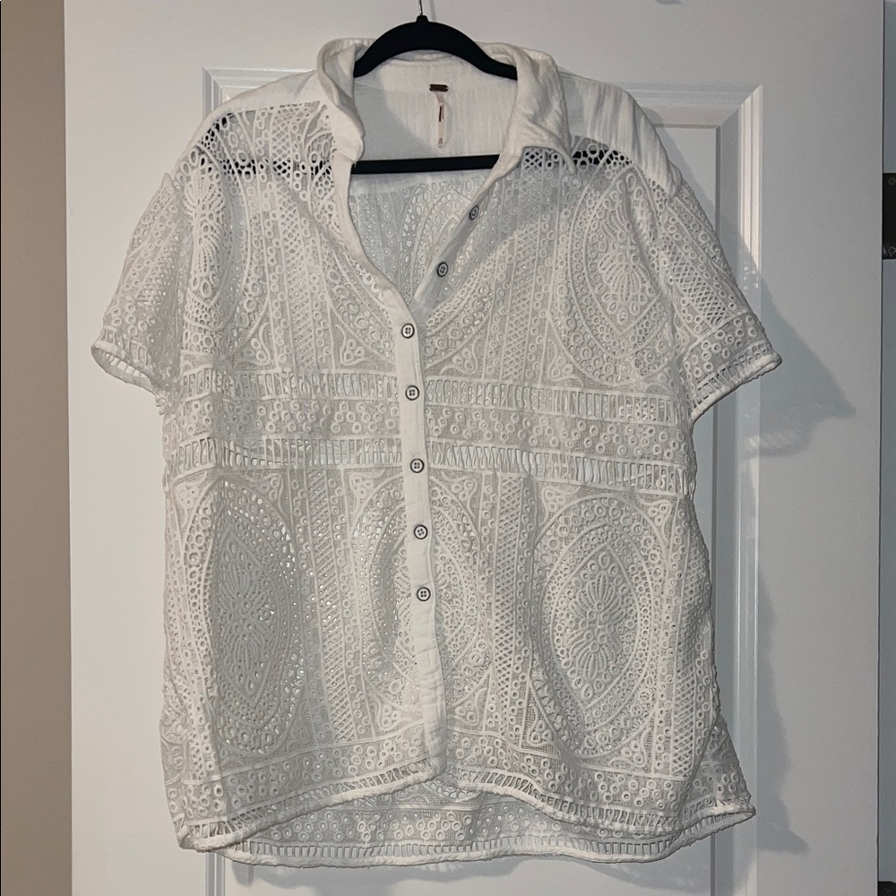 Zara White Lace Button-Down Shirt